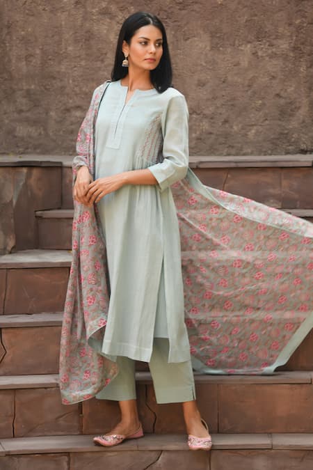 NUHH Green Cotton Embroidery Round Neck Drool On The Cool Kurta Pant Set at Aza Fashions NUHH_Green Cotton Embroidery Round Neck Drool On The Cool Kurta Pant Set _at_Aza_Fashions