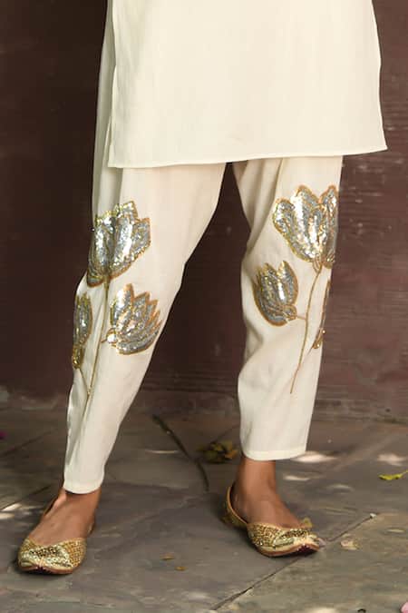 Nuhh_Off White Cotton Sequins Mandarin Collar Jo Soni Embroidered Salwar With Kurta _Online_at_Aza_Fashions