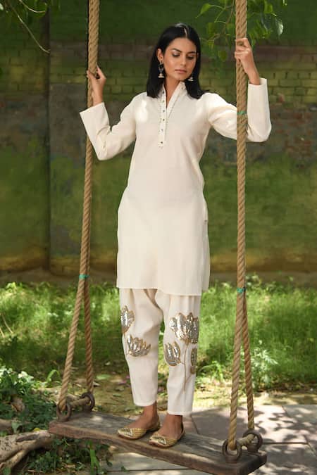 Shop_Nuhh_Off White Cotton Sequins Mandarin Collar Jo Soni Embroidered Salwar With Kurta _Online_at_Aza_Fashions