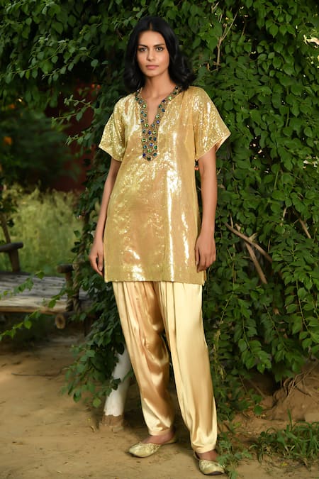 NUHH Gold Sequence Georgette Sequin Embellished Kurta With Salwar