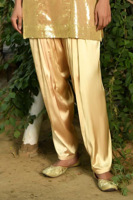 NUHH Gold Satin Sequins Split V-neck Embellished Kurta With Salwar Online at Aza Fashions NUHH_Gold Satin Sequins Split V-neck Embellished Kurta With Salwar _Online_at_Aza_Fashions