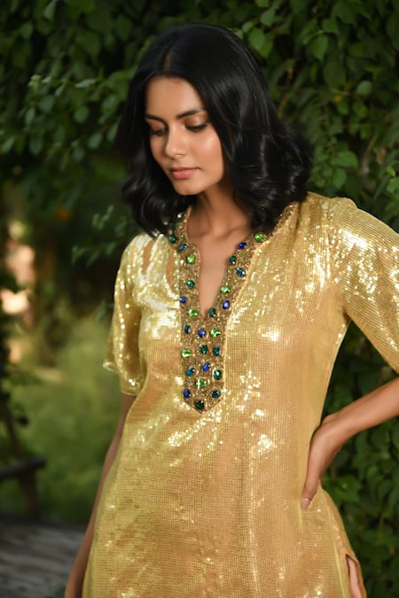 Buy NUHH Gold Satin Sequins Split V-neck Embellished Kurta With Salwar Online at Aza Fashions Buy_NUHH_Gold Satin Sequins Split V-neck Embellished Kurta With Salwar _Online_at_Aza_Fashions