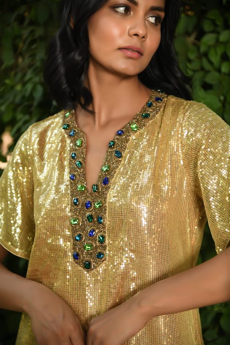 Shop NUHH Gold Satin Sequins Split V-neck Embellished Kurta With Salwar Online at Aza Fashions Shop_NUHH_Gold Satin Sequins Split V-neck Embellished Kurta With Salwar _Online_at_Aza_Fashions