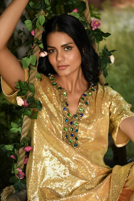 NUHH Gold Satin Sequins Split V-neck Embellished Kurta With Salwar at Aza Fashions NUHH_Gold Satin Sequins Split V-neck Embellished Kurta With Salwar _at_Aza_Fashions