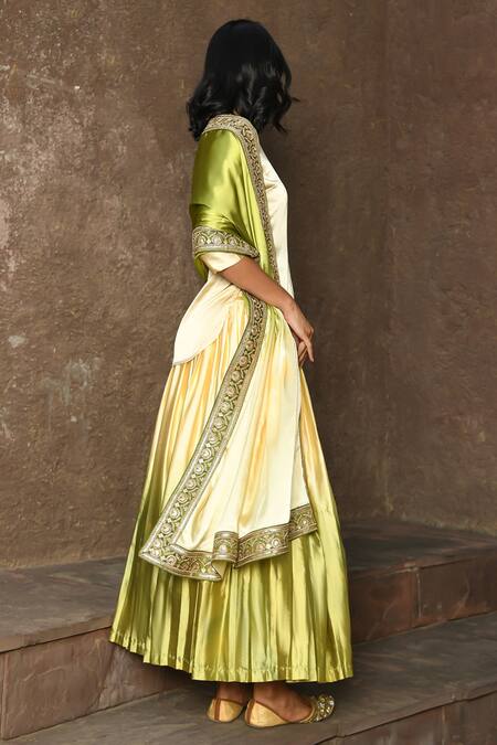 Shop_NUHH_Yellow Satin Embellished Jewel Round Ombre Lehenga Set  _at_Aza_Fashions