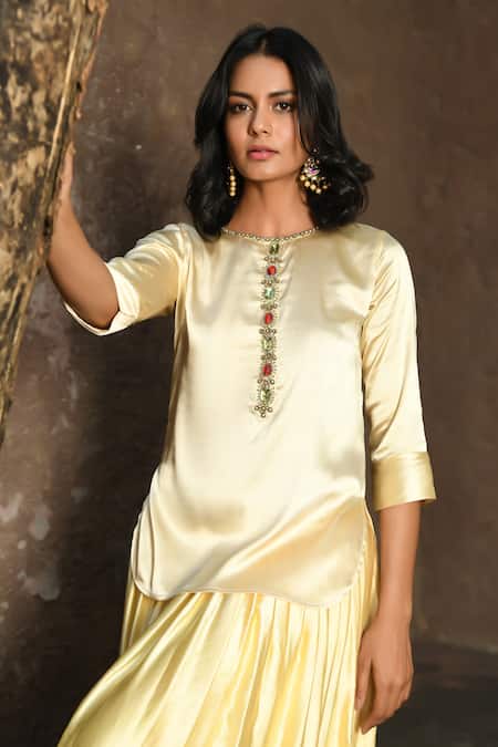 NUHH_Yellow Satin Embellished Jewel Round Ombre Lehenga Set  _Online_at_Aza_Fashions