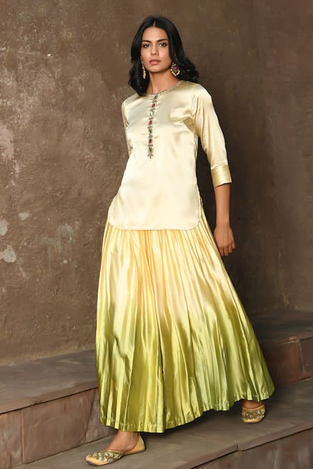 Buy_NUHH_Yellow Satin Embellished Jewel Round Ombre Lehenga Set  _Online_at_Aza_Fashions