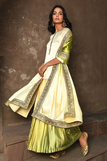NUHH_Yellow Satin Embellished Jewel Round Ombre Lehenga Set  _at_Aza_Fashions