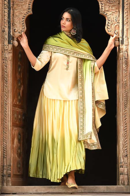 Buy_NUHH_Yellow Satin Embellished Jewel Round Ombre Lehenga Set  