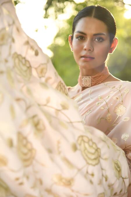 Shop_NUHH_Peach Georgette, Silk Sequins Embellished Saree With Unstitched Blouse Piece_Online_at_Aza_Fashions