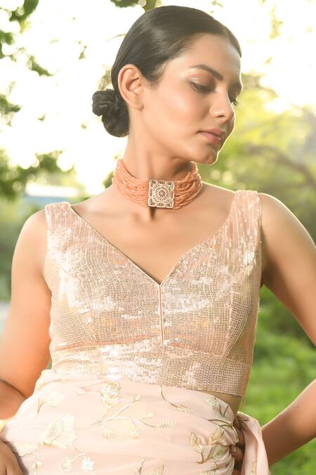 NUHH_Peach Georgette, Silk Sequins Embellished Saree With Unstitched Blouse Piece_at_Aza_Fashions