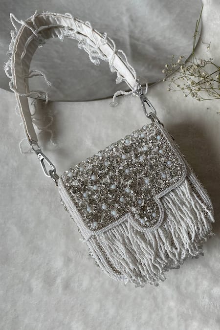 Kreivo By Vamanshi Damania_White Crystals Beads Embellished Mini Bag _Online_at_Aza_Fashions