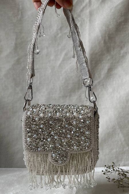 Kreivo By Vamanshi Damania Silver Crystals Beaded Mini Handbag Online at Aza Fashions Kreivo By Vamanshi Damania_Silver Crystals Beaded Mini Handbag _Online_at_Aza_Fashions
