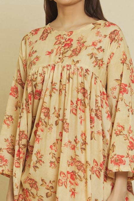 Shop_Naintara Bajaj_Brown Cotton, Muslin Round Neck Floral Print Kaftan Kurta And Pant Set _Online_at_Aza_Fashions