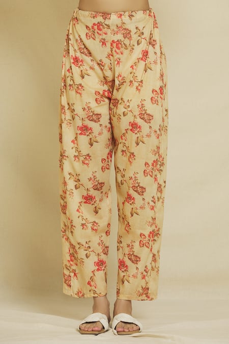 Naintara Bajaj_Brown Cotton, Muslin Round Neck Floral Print Kaftan Kurta And Pant Set _at_Aza_Fashions