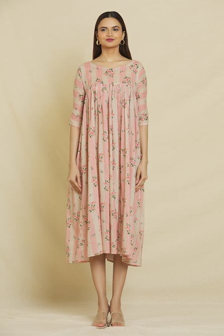 Naintara Bajaj_Pink Cotton, Muslin Round Neck Peony Floral Print Dress _Online_at_Aza_Fashions