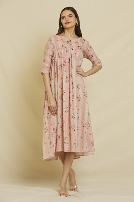 Shop_Naintara Bajaj_Pink Cotton, Muslin Round Neck Peony Floral Print Dress _Online_at_Aza_Fashions