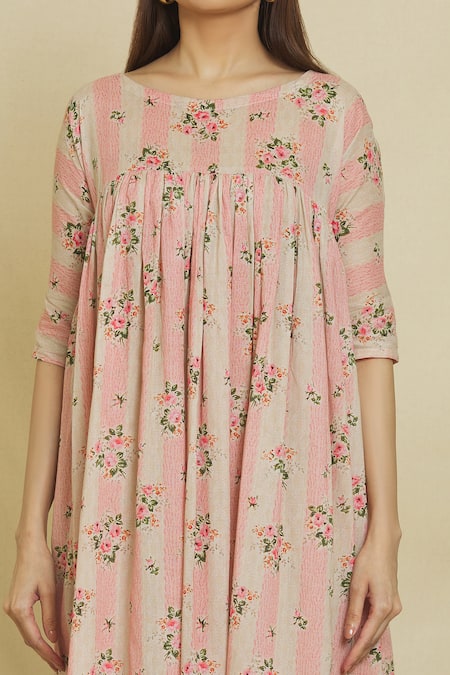 Naintara Bajaj_Pink Cotton, Muslin Round Neck Peony Floral Print Dress _at_Aza_Fashions
