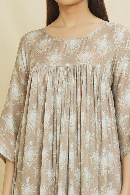 Shop Naintara Bajaj Brown Modal Round Neck Elizabeth Abstract Print Kurta And Pant Set Online at Aza Fashions Shop_Naintara Bajaj_Brown Modal Round Neck Elizabeth Abstract Print Kurta And Pant Set _Online_at_Aza_Fashions