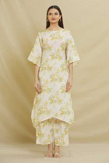 Khwaab By Sanjana Lakhani_Beige Cotton Round Neck Emma Floral Print Kurta And Pant Set _Online_at_Aza_Fashions
