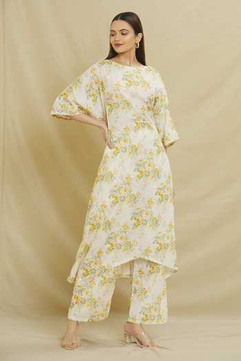 Buy_Khwaab By Sanjana Lakhani_Beige Cotton Round Neck Emma Floral Print Kurta And Pant Set _Online_at_Aza_Fashions