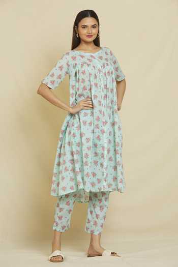 Buy Khwaab By Sanjana Lakhani Blue Cotton, Muslin Round Neck Floral Print Kurta And Pant Set Online at Aza Fashions Buy_Khwaab By Sanjana Lakhani_Blue Cotton, Muslin Round Neck Floral Print Kurta And Pant Set _Online_at_Aza_Fashions