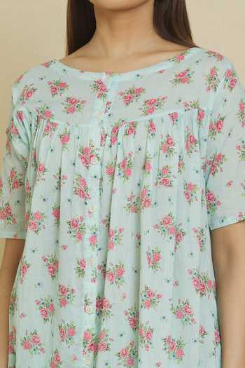 Shop Khwaab By Sanjana Lakhani Blue Cotton, Muslin Round Neck Floral Print Kurta And Pant Set Online at Aza Fashions Shop_Khwaab By Sanjana Lakhani_Blue Cotton, Muslin Round Neck Floral Print Kurta And Pant Set _Online_at_Aza_Fashions