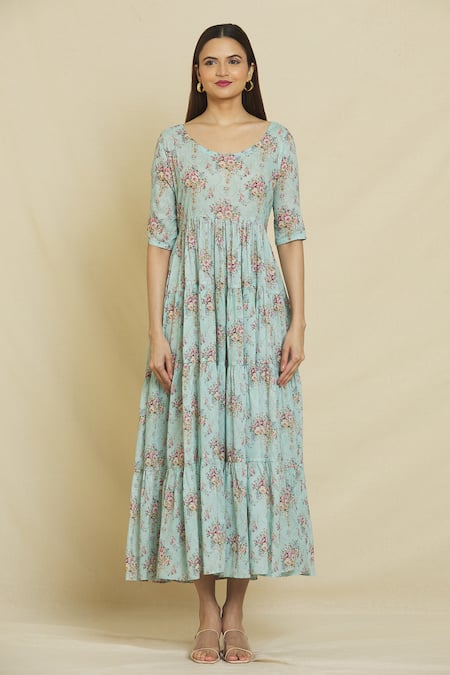 Naintara Bajaj_Blue Cotton, Muslin Round Neck Daisy Floral Print Tiered Dress _Online_at_Aza_Fashions