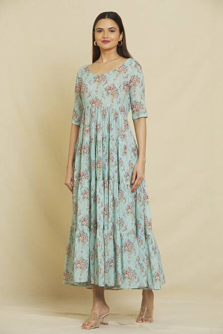 Buy_Naintara Bajaj_Blue Cotton, Muslin Round Neck Daisy Floral Print Tiered Dress _Online_at_Aza_Fashions
