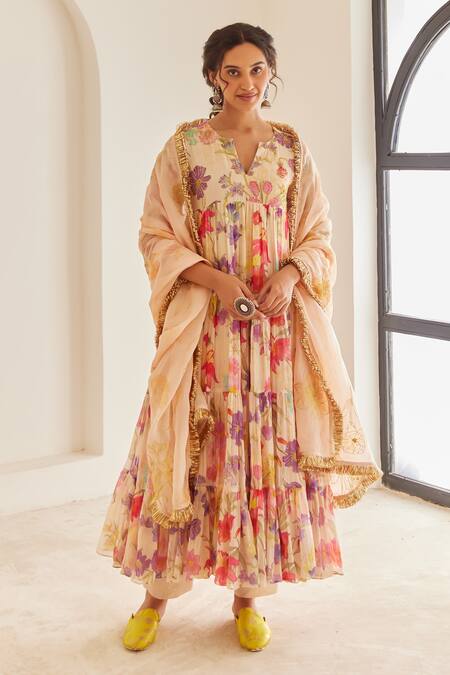 HOUSE OF PINK Peach Kurta And Pant Chanderi Printed Floral Patterns Notched Anarkali Set 