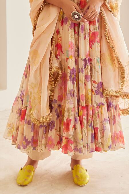 House Of Pink_Peach Chanderi, Organza Embroidery, Lace Split V-neck Floral Print Anarkali Set _Online_at_Aza_Fashions