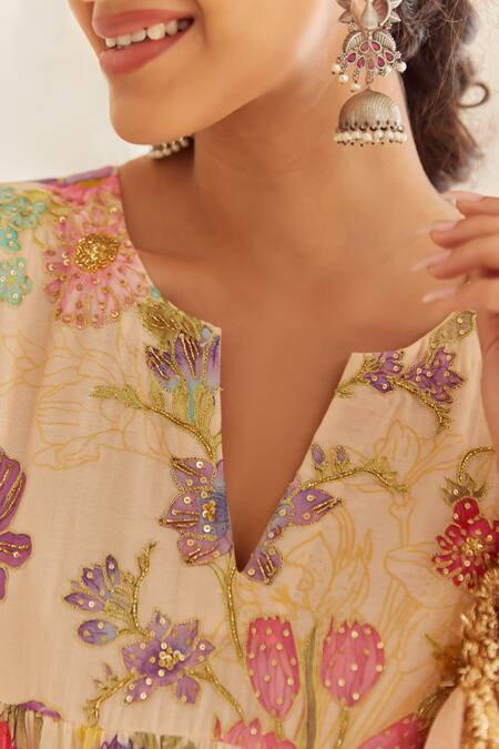 Shop_House Of Pink_Peach Chanderi, Organza Embroidery, Lace Split V-neck Floral Print Anarkali Set _Online_at_Aza_Fashions