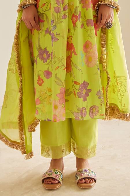 House Of Pink_Green Chanderi, Organza Embroidery, Lace Round Floral Printed Anarkali Pant Set _Online_at_Aza_Fashions