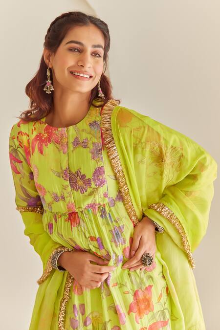Buy_House Of Pink_Green Chanderi, Organza Embroidery, Lace Round Floral Printed Anarkali Pant Set _Online_at_Aza_Fashions