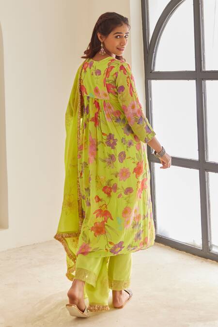 Shop_House Of Pink_Green Chanderi, Organza Embroidery, Lace Round Floral Printed Anarkali Pant Set _Online_at_Aza_Fashions