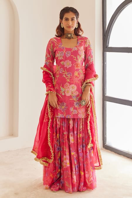 HOUSE OF PINK Pink Kurta And Sharara Chanderi Printed Floral Patterns U Neck Set 