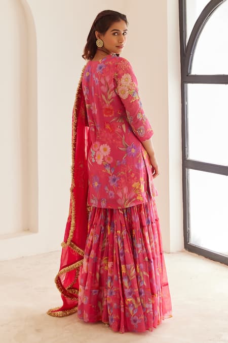 House Of Pink Floral Print Chanderi Kurta Sharara Set 