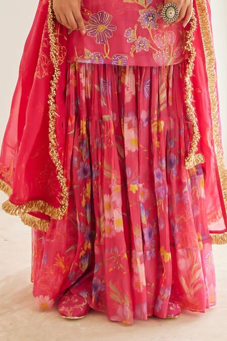 House Of Pink_Pink Chanderi, Organza Embroidery, Lace Round Floral Print Kurta Sharara Set _Online_at_Aza_Fashions