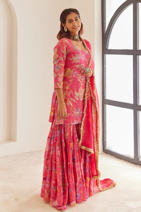 Buy_House Of Pink_Pink Chanderi, Organza Embroidery, Lace Round Floral Print Kurta Sharara Set _Online_at_Aza_Fashions