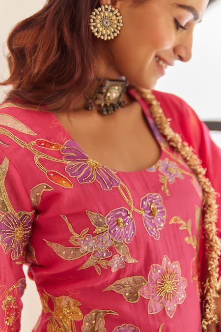 Shop_House Of Pink_Pink Chanderi, Organza Embroidery, Lace Round Floral Print Kurta Sharara Set _Online_at_Aza_Fashions