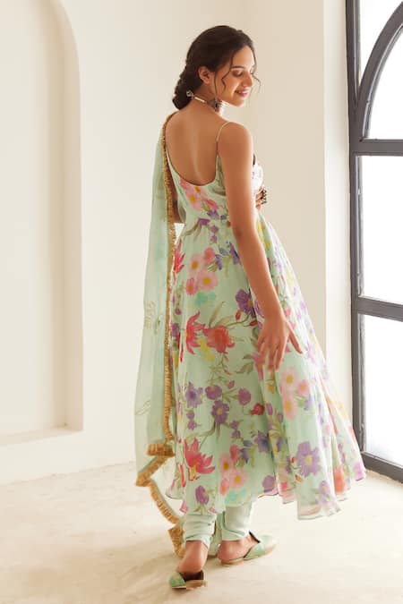 House Of Pink Floral Print Chanderi Anarkali Set 