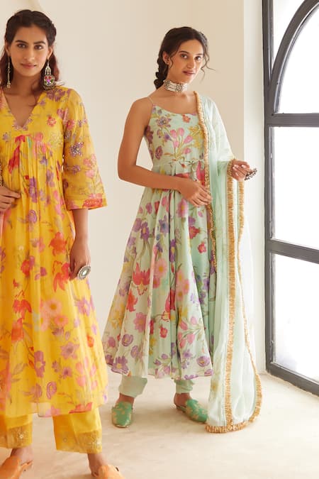 House Of Pink_Blue Chanderi, Cotton Satin, Organza Embroidery Scoop Floral Print Anarkali Set _Online_at_Aza_Fashions