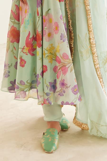 Buy_House Of Pink_Blue Chanderi, Cotton Satin, Organza Embroidery Scoop Floral Print Anarkali Set _Online_at_Aza_Fashions