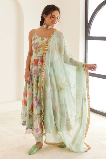 Shop_House Of Pink_Blue Chanderi, Cotton Satin, Organza Embroidery Scoop Floral Print Anarkali Set _Online_at_Aza_Fashions