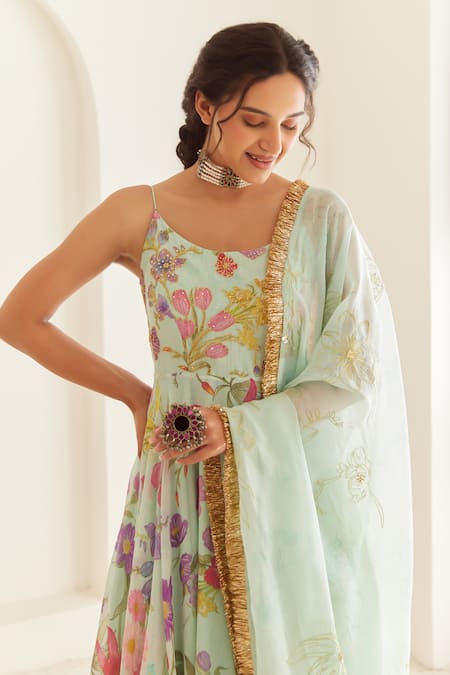 House Of Pink_Blue Chanderi, Cotton Satin, Organza Embroidery Scoop Floral Print Anarkali Set _at_Aza_Fashions