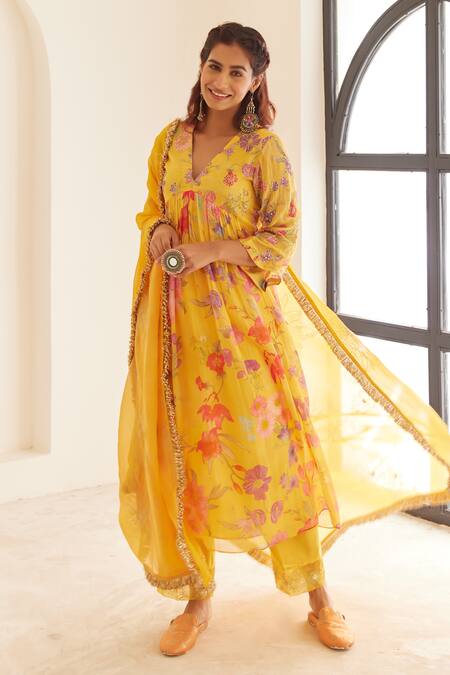 Buy_House Of Pink_Yellow Chanderi, Organza Embroidery V-neck Floret Print Anarkali Pant Set _Online_at_Aza_Fashions
