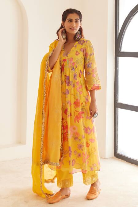 Shop_House Of Pink_Yellow Chanderi, Organza Embroidery V-neck Floret Print Anarkali Pant Set _Online_at_Aza_Fashions