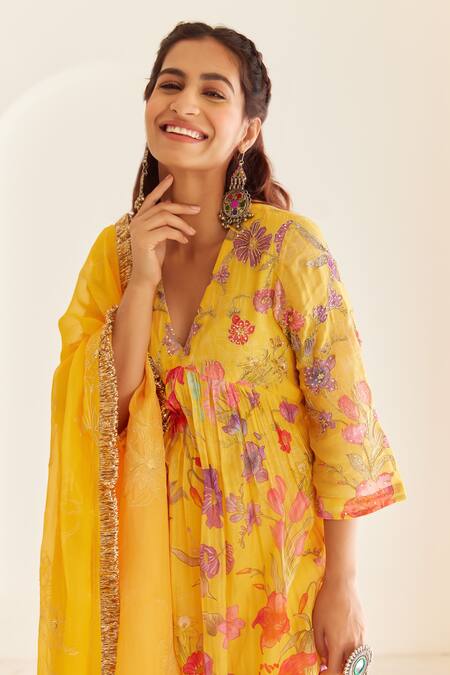 House Of Pink_Yellow Chanderi, Organza Embroidery V-neck Floret Print Anarkali Pant Set _at_Aza_Fashions