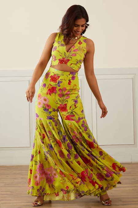 House Of Pink_Green Crepe Embroidery V-neck Floral Print Blouse And Sharara Set _Online_at_Aza_Fashions