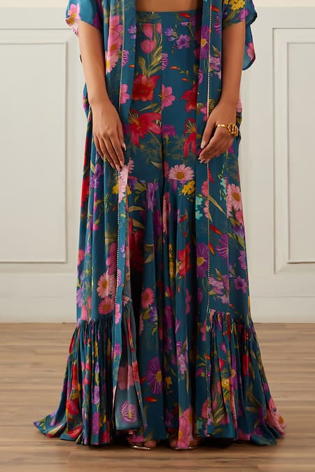 House Of Pink Blue Crepe Embroidery Square Neck Floral Print Cape Sharara Set Online at Aza Fashions House Of Pink_Blue Crepe Embroidery Square Neck Floral Print Cape Sharara Set _Online_at_Aza_Fashions